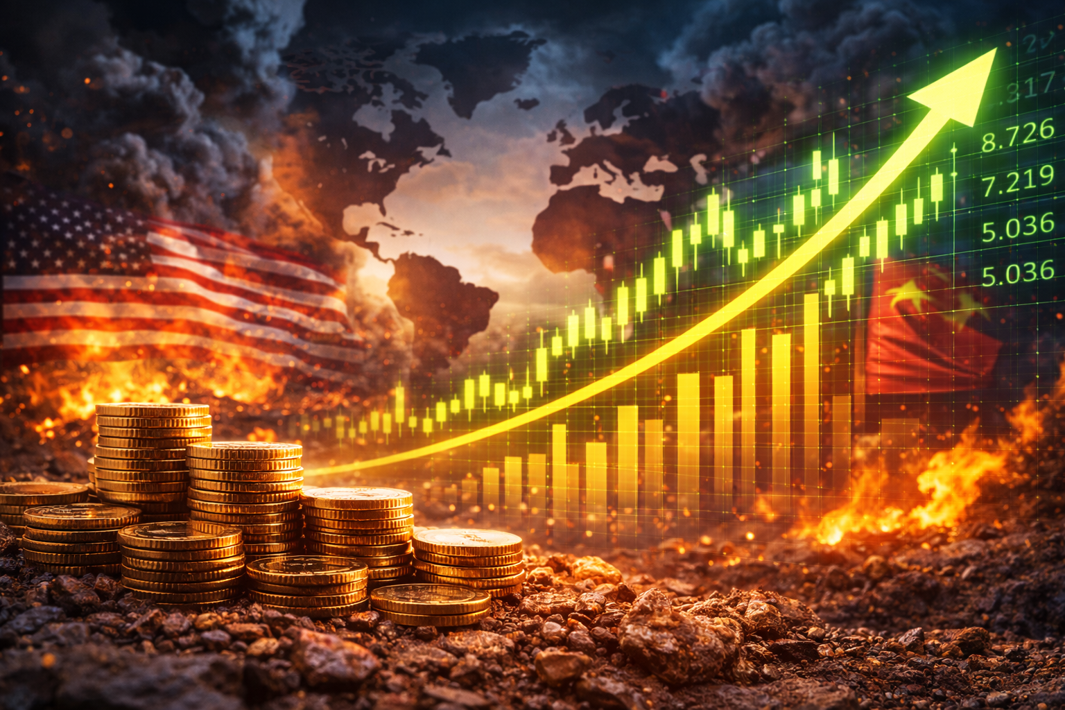 Stacks of gold coins in the foreground with a world map, smoky conflict-like backdrop, and a bright upward market chart overlay, with blurred U.S. and China flags.