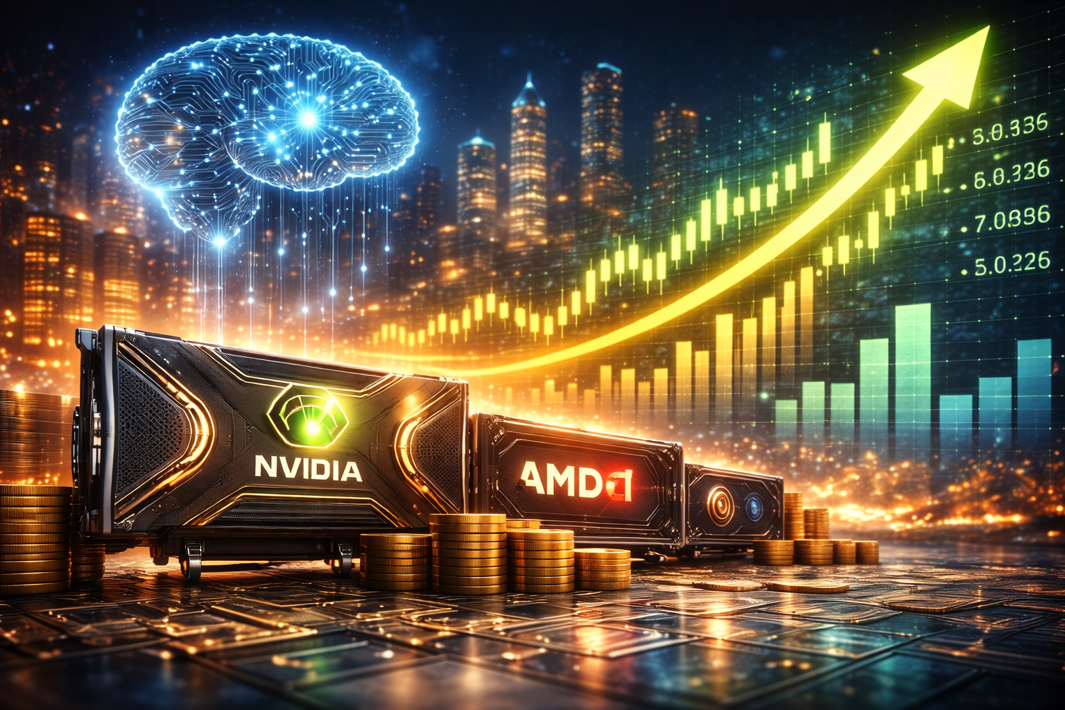 Photorealistic scene of high-end graphics cards on a reflective circuit-board surface with stacks of coins, a glowing AI brain hologram overhead, and a rising market-style chart in front of a night city skyline.