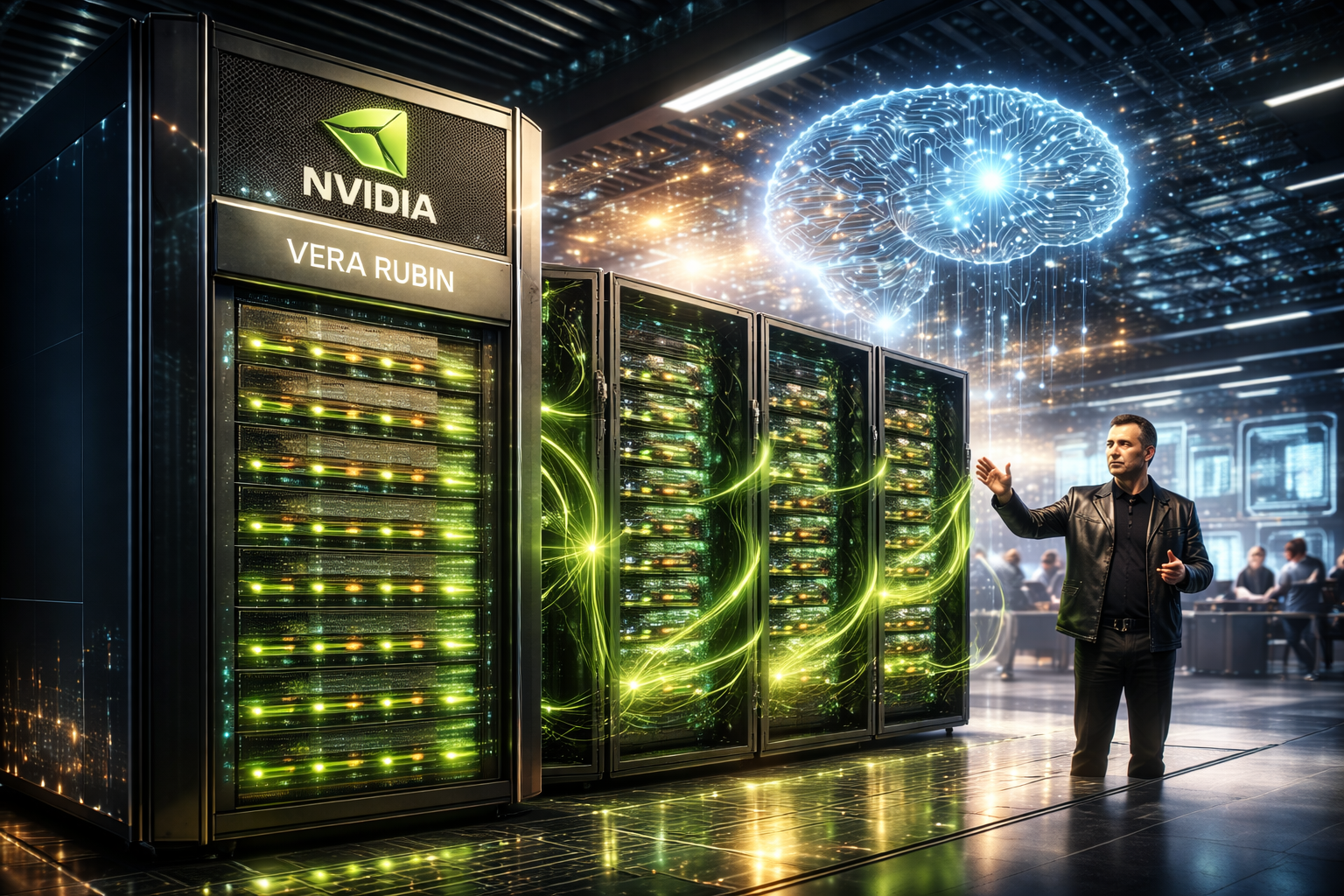 Futuristic server room with glowing green-lit server racks labeled for an AI hardware platform, a holographic brain graphic overhead, and a presenter gesturing beside the equipment.