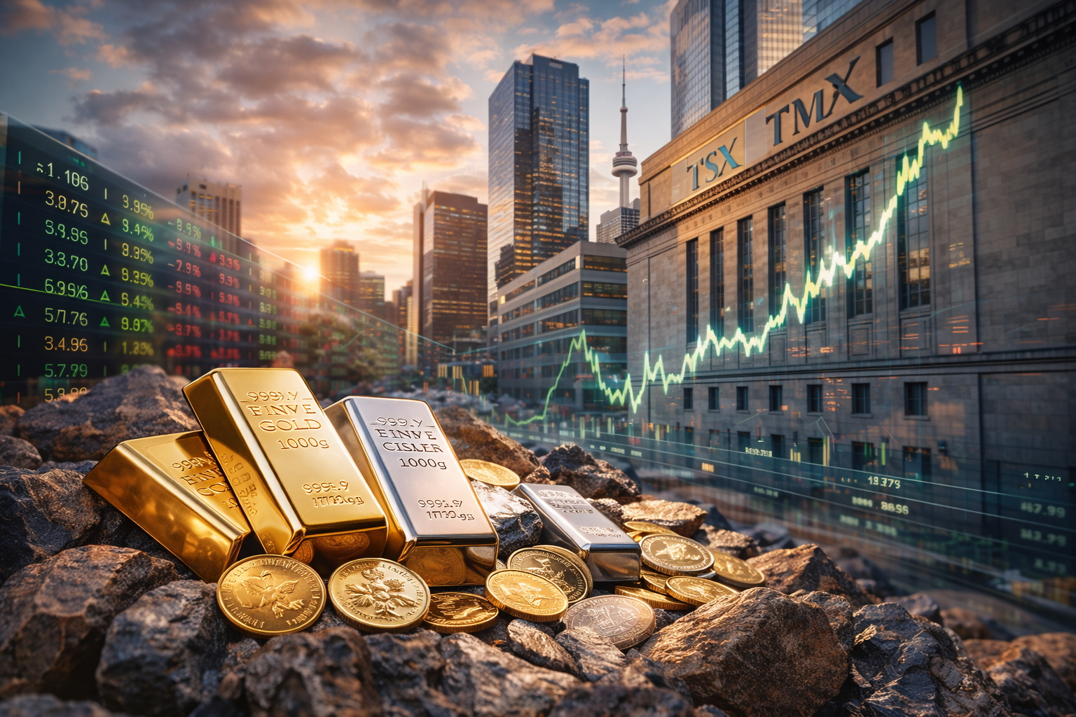 Gold and silver bars in the foreground with the Toronto Stock Exchange building and Toronto skyline at sunset, symbolizing a broad-based market rally.