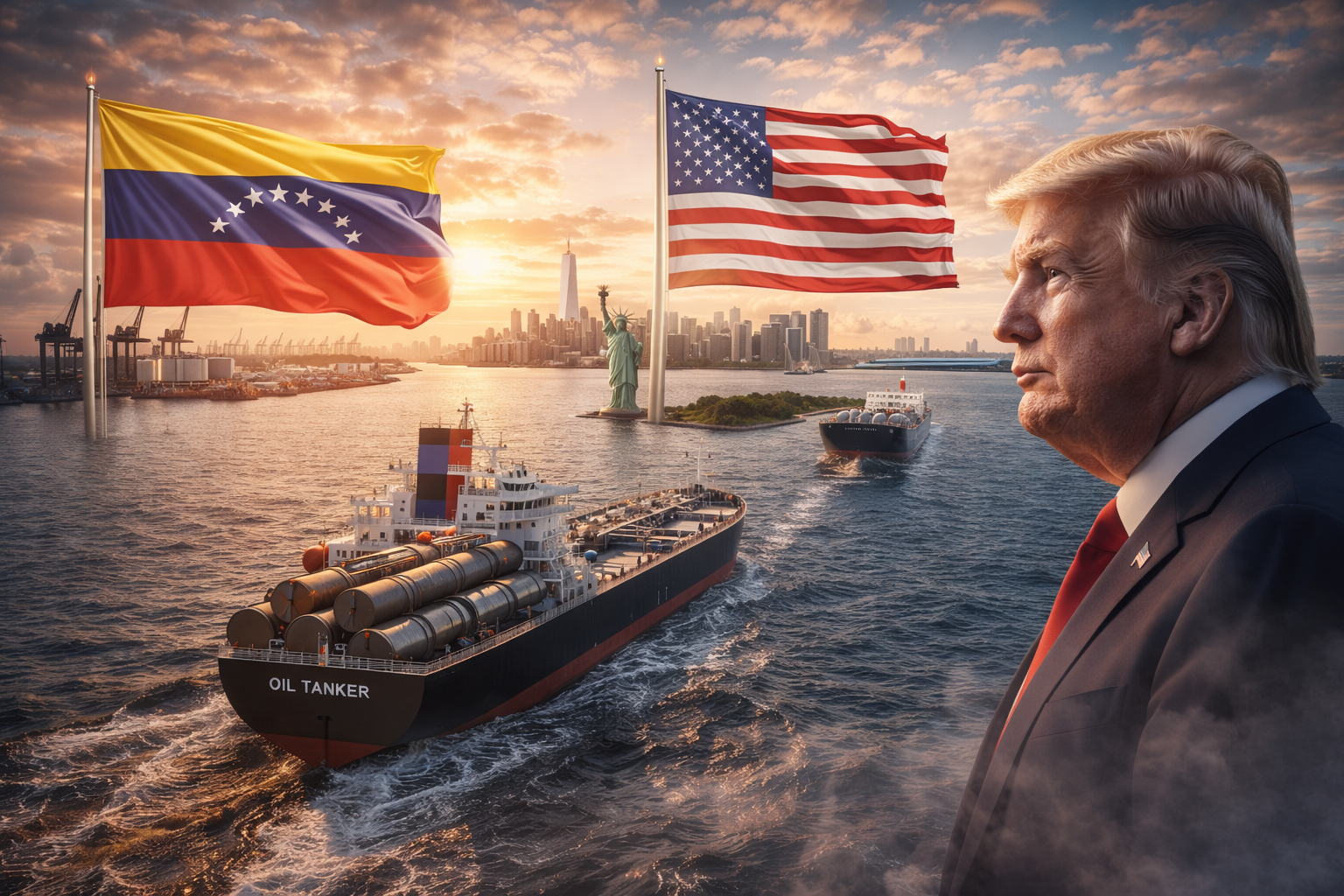 Oil tankers sailing toward a U.S. port with Venezuelan and U.S. flags in view, the New York skyline and Statue of Liberty in the background, symbolizing a major geopolitical oil transfer.