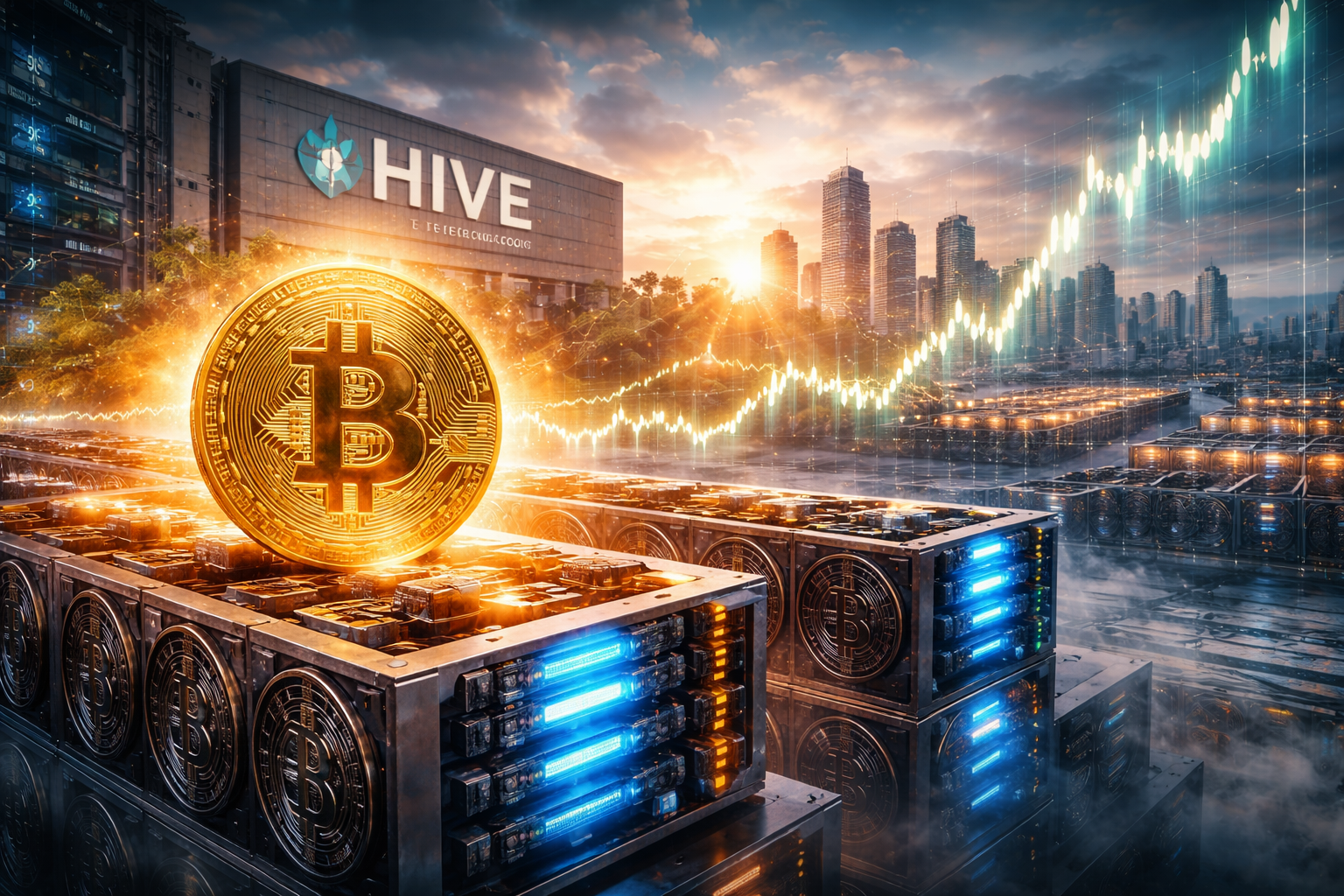Glowing Bitcoin mining rigs with a large illuminated Bitcoin symbol, modern data center infrastructure, and a city skyline at sunrise representing crypto mining growth.