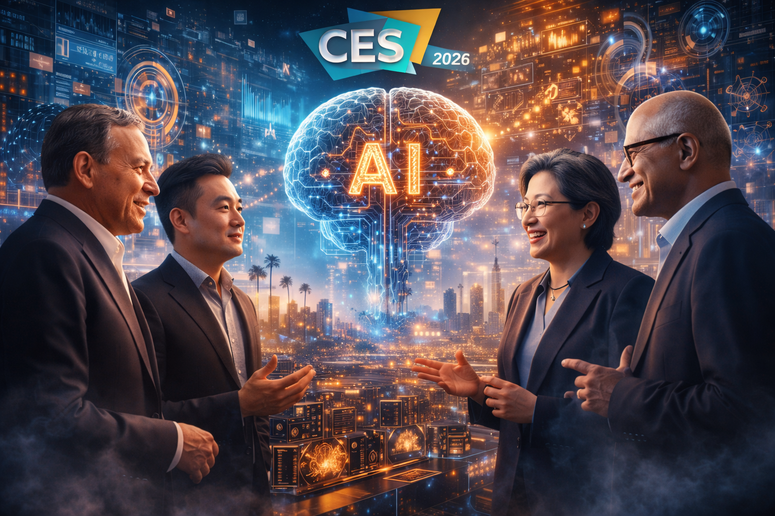 Technology executives in discussion at a futuristic conference setting with holographic AI visuals and the Las Vegas skyline in the background.