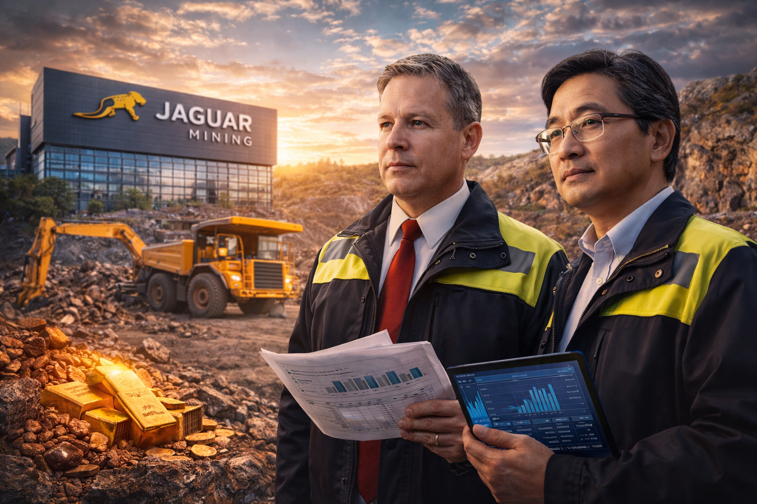 Two senior mining executives reviewing financial documents at an active gold mine with heavy equipment and a corporate office building in the background.