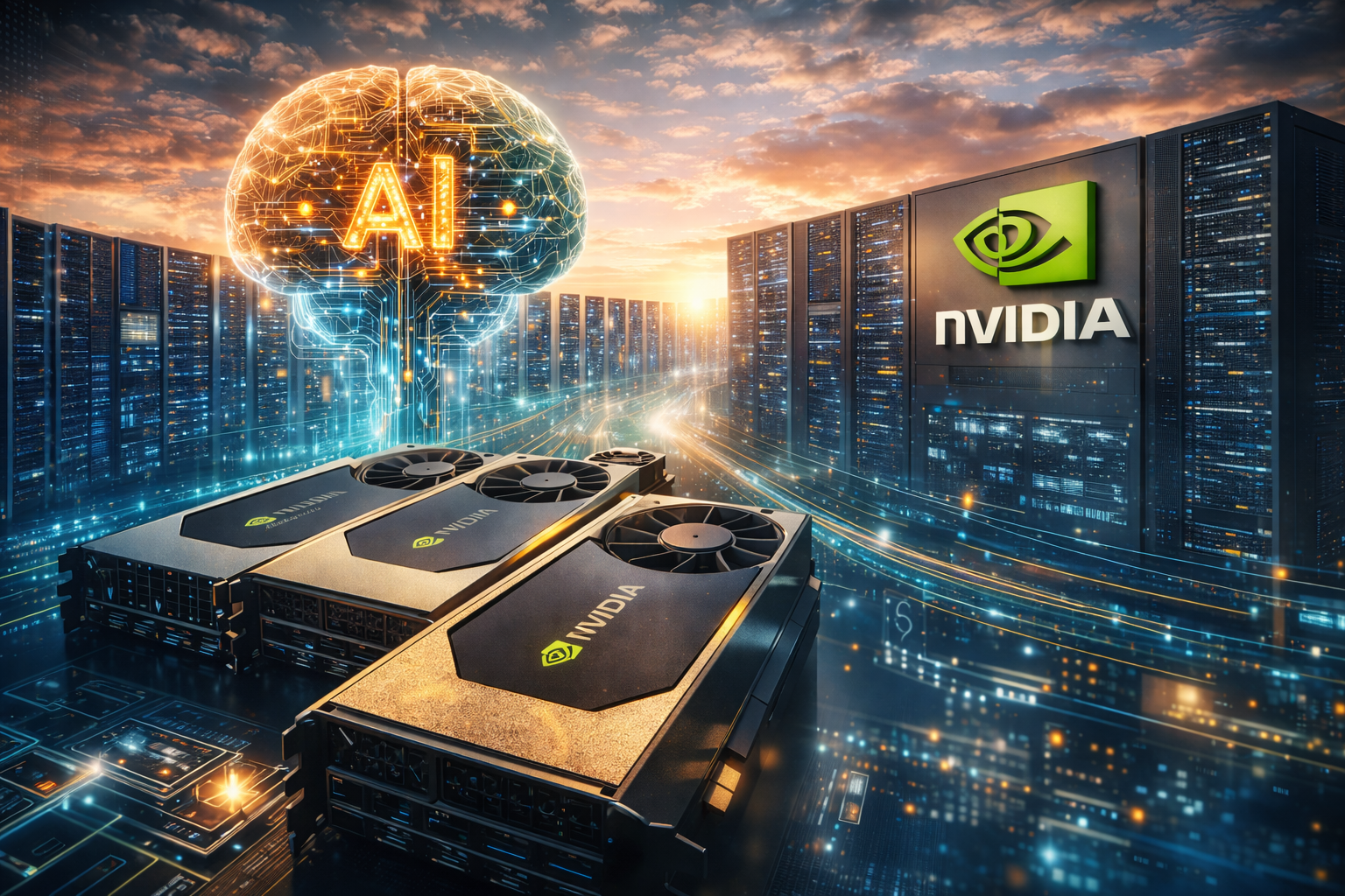 High-performance GPUs in the foreground with rows of glowing data center servers and an abstract AI network visualizing enterprise computing power.
