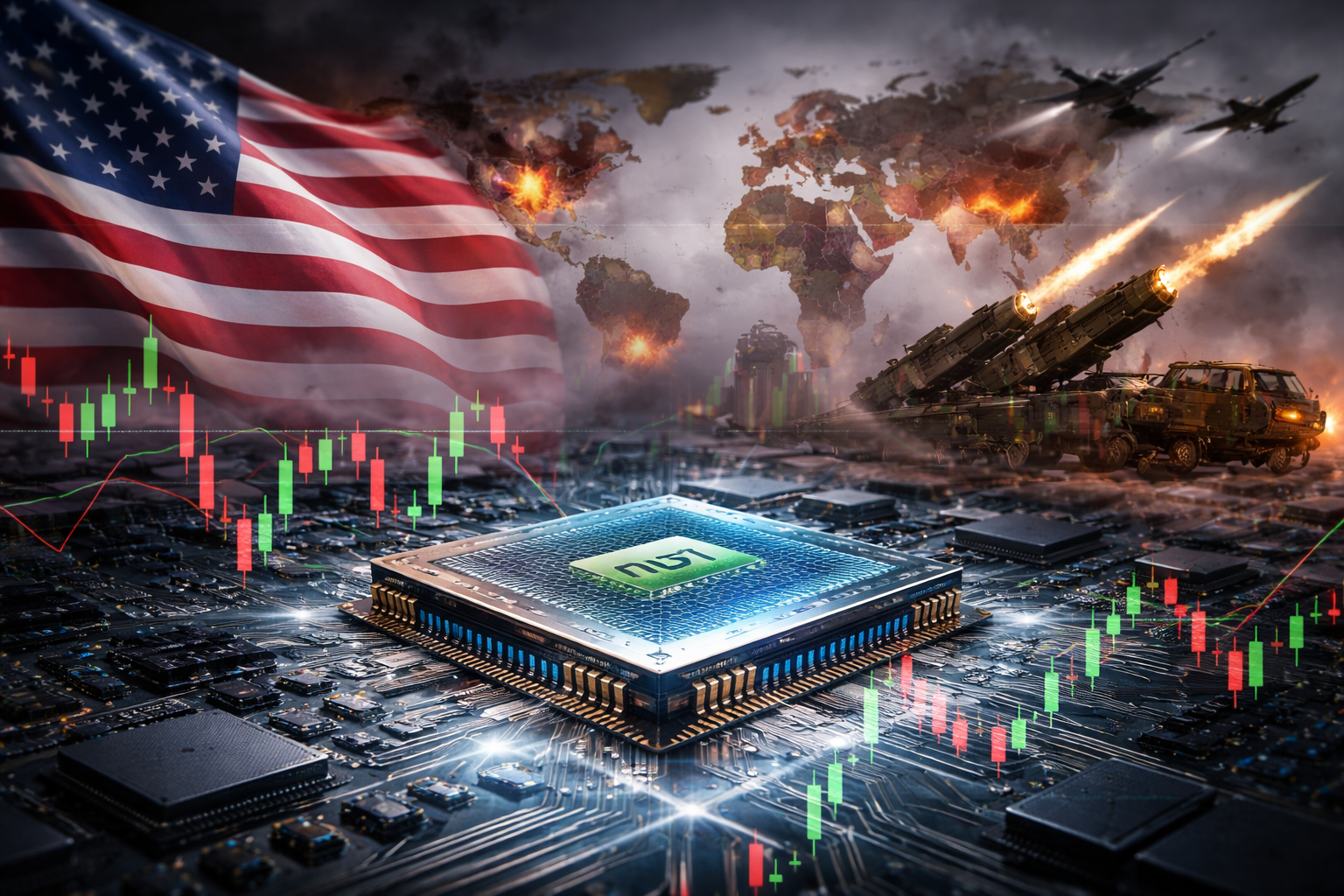 A glowing AI chip on a circuit board with U.S. flag imagery, global conflict hotspots on a world map, and red-green market candlesticks symbolizing tech stocks amid geopolitical tension.