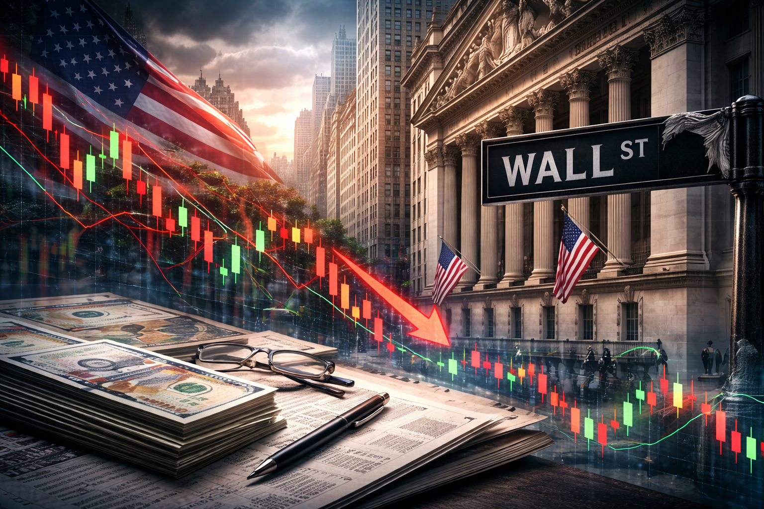 The New York Stock Exchange and a Wall Street street sign with stormy skies, overlaid with red and green candlestick market charts showing a pullback, symbolizing a market cooling after record highs.