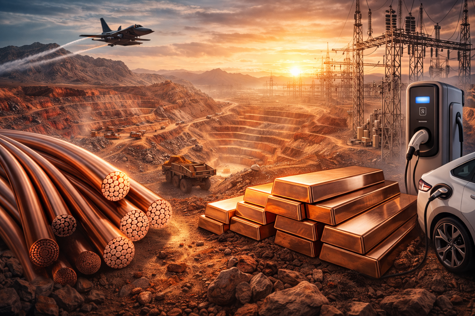 Copper cables and stacked copper bars in the foreground with a large open-pit mine, power grid infrastructure, and an electric vehicle charging scene at sunset, symbolizing rising copper demand from electrification and industry.