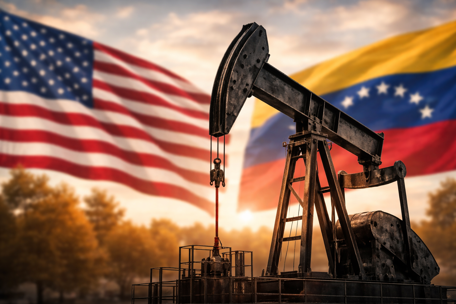 Oil pumpjack operating at sunset with oil tankers and refinery infrastructure in the background, symbolizing global energy supply and geopolitical influence.