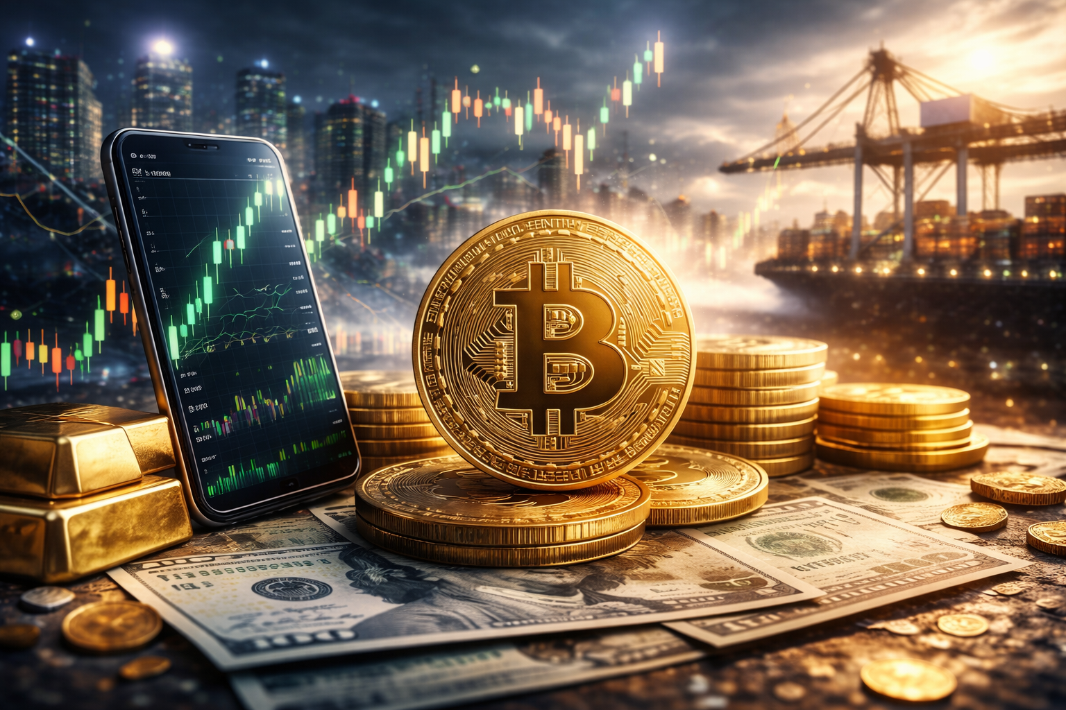 Photorealistic scene with a prominent Bitcoin coin on stacked coins beside a smartphone displaying a rising candlestick chart, with U.S. dollar bills and gold bars in the foreground and a blurred city skyline in the background.