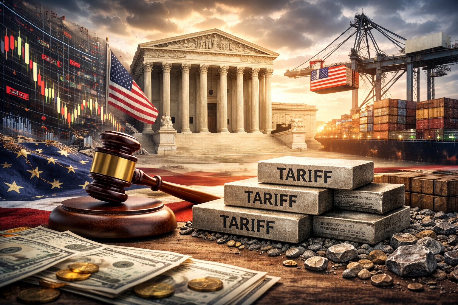 Photorealistic montage featuring the U.S. Supreme Court in the background with a judge’s gavel in the foreground, a cargo port with stacked shipping containers, a U.S. flag, and market-style candlestick charts—signaling trade-policy uncertainty for investors.