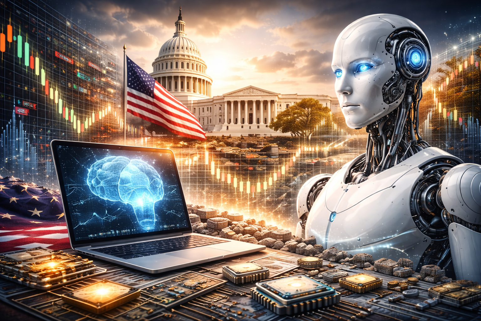 Photorealistic composite showing a humanoid robot beside a laptop displaying a glowing brain graphic, with the U.S. Capitol and White House in the background, an American flag, microchips in the foreground, and financial chart overlays symbolizing regulatory and market forces shaping AI.