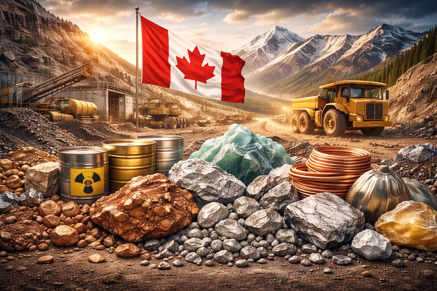 Photorealistic mining scene in a mountainous Canadian landscape with a large Canadian flag, heavy mining trucks and processing equipment, and an assortment of raw mineral rocks and metal coils in the foreground, including a radiation-symbol barrel suggesting uranium.