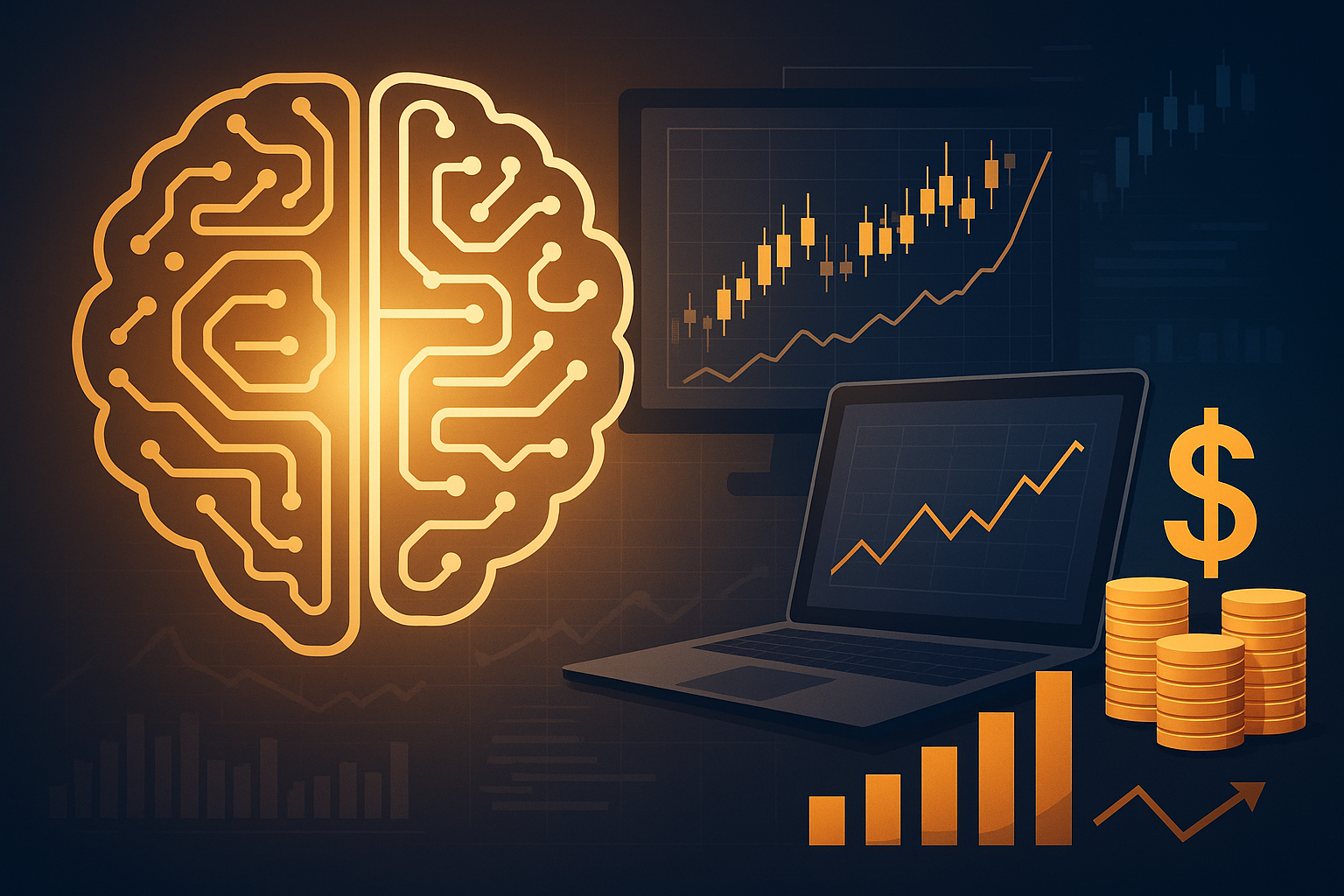 Golden AI brain and financial charts symbolizing artificial intelligence transforming investment strategies