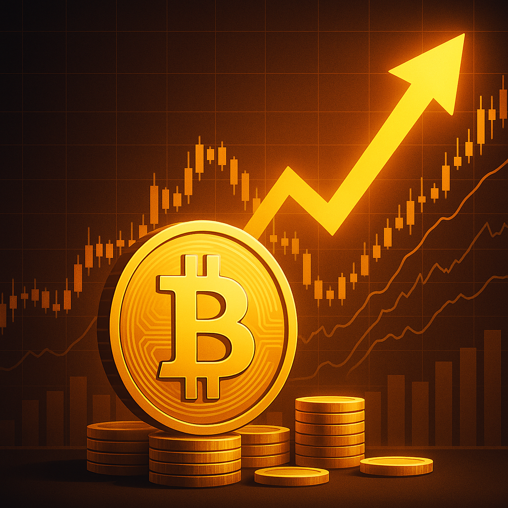 Golden Bitcoin symbol with upward arrow and financial charts indicating price surge