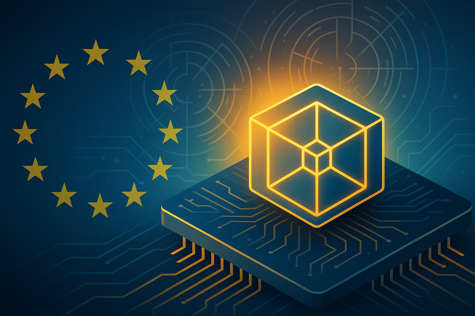 Glowing quantum chip and EU flag representing Europe's investment in quantum computing