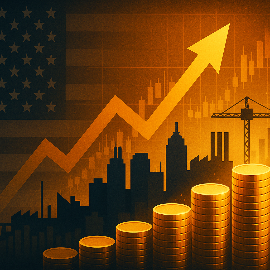 Rising arrow over gold coin stacks and U.S. city skyline with construction elements symbolizing corporate capital investment