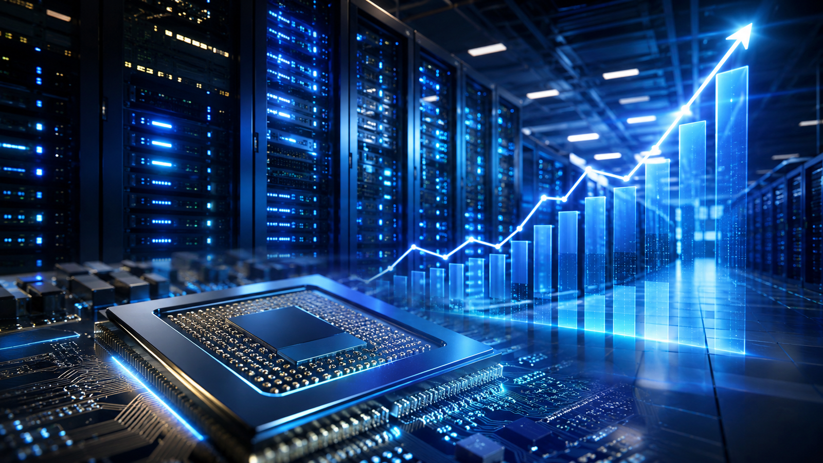 A photorealistic data center with glowing server racks, a close-up semiconductor chip, and an upward holographic market chart symbolizing the AI-driven stock rally.