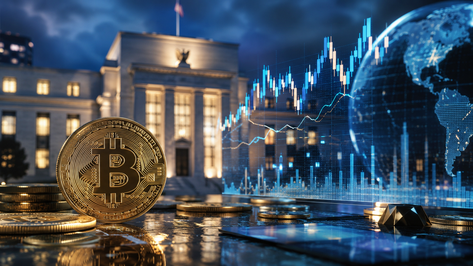 A photorealistic Bitcoin coin on a reflective trading desk with a central-bank-style building, glowing market charts, and a digital globe in the background, symbolizing macroeconomic forces driving crypto markets.