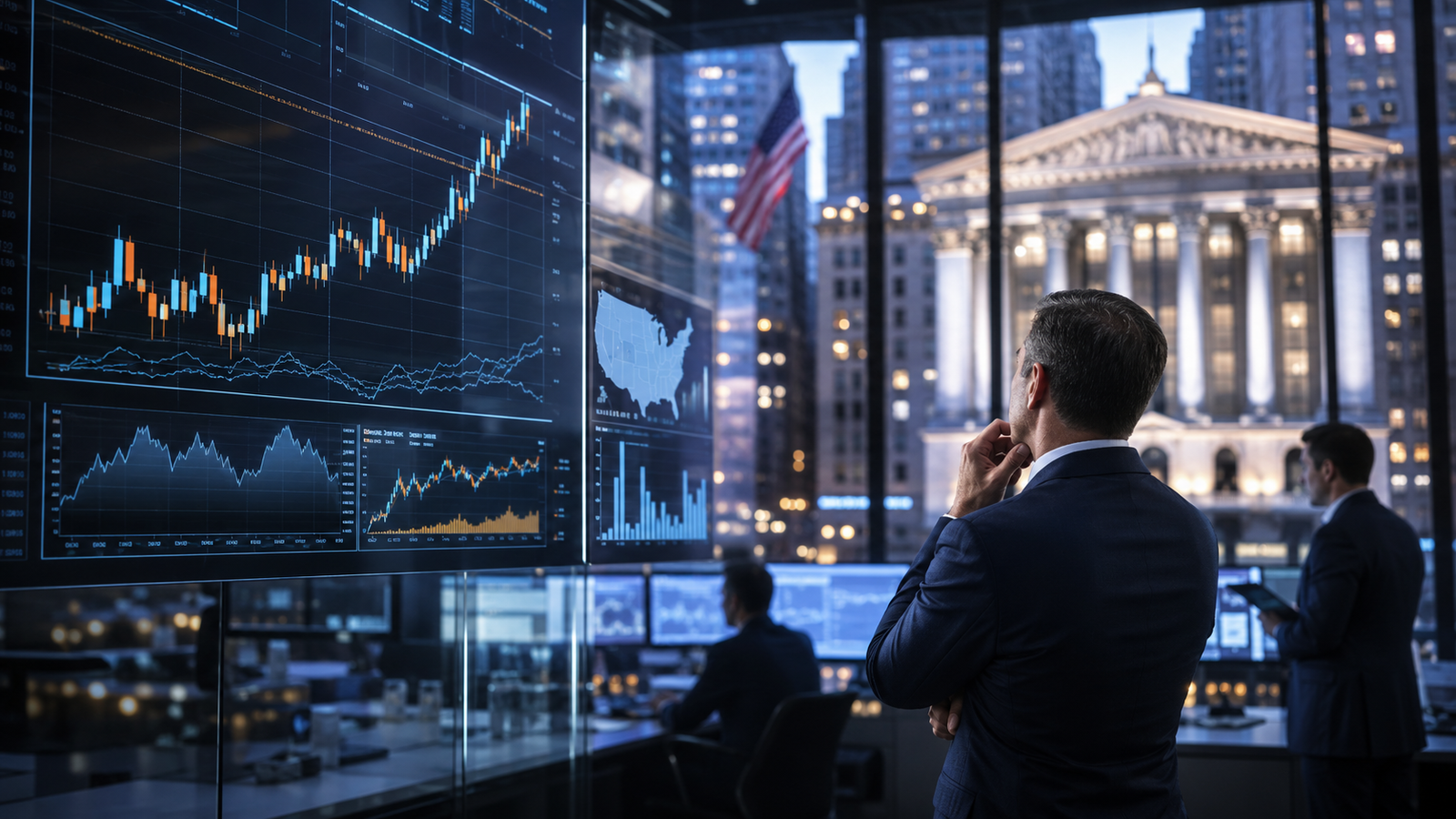 A photorealistic trading floor with investors studying rising market charts, city buildings, and a central-bank-style backdrop, symbolizing Wall Street entering Q3 near record highs while watching economic data.