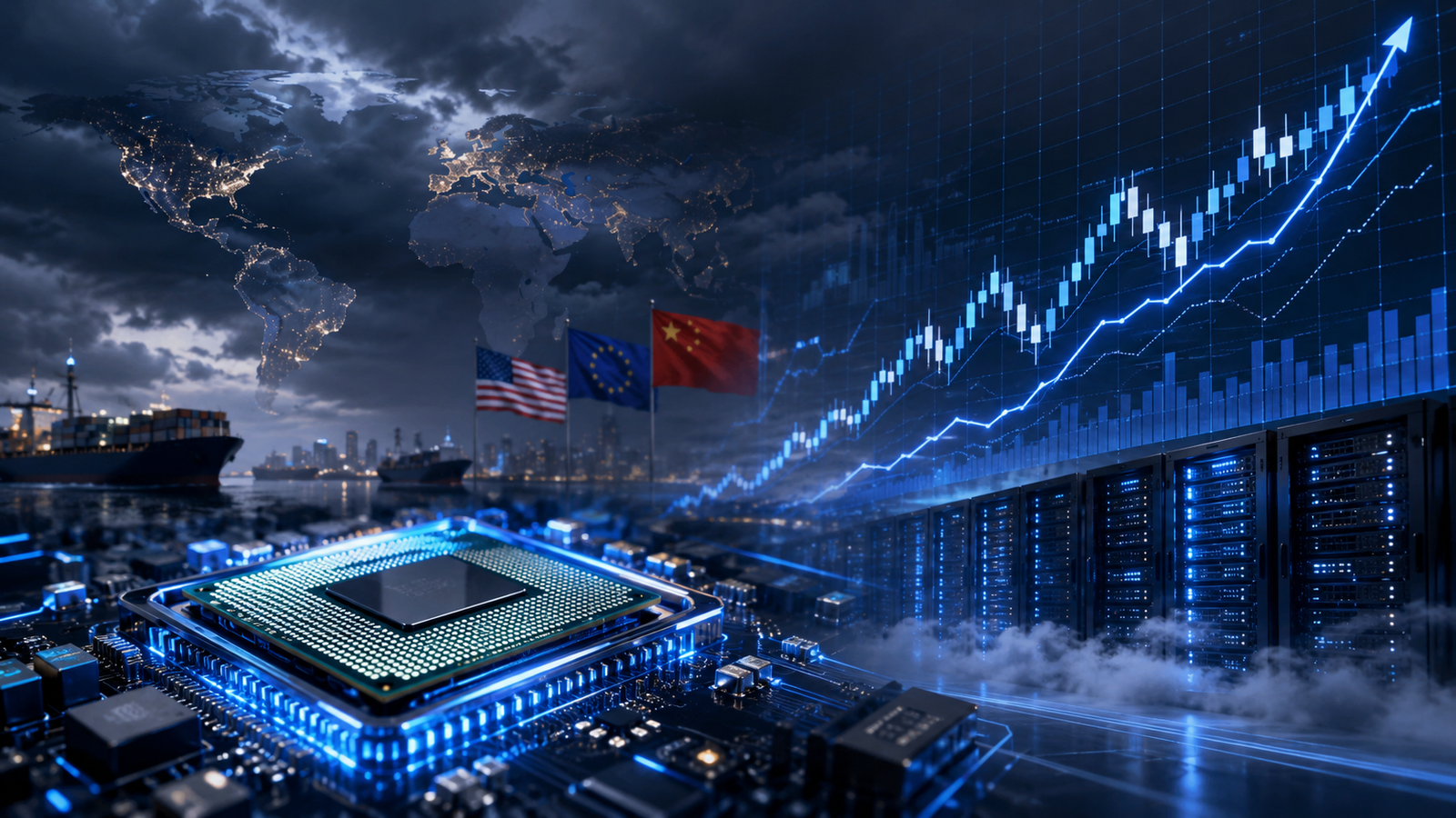 A photorealistic scene showing an advanced semiconductor chip, glowing server racks, rising market charts, a world map, cargo ships, and global trade symbols, representing technology sector leadership despite geopolitical risks.
