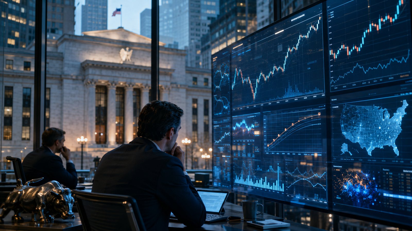 A photorealistic trading room with analysts studying glowing market charts while a central-bank-style building stands outside the window, symbolizing Federal Reserve policy driving Wall Street sentiment.