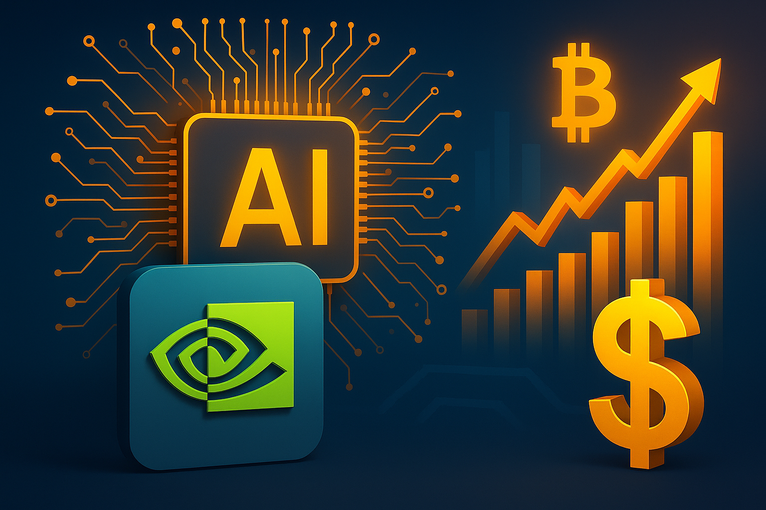 A symbolic illustration showing Nvidia’s logo, a glowing AI chip, and financial symbols like Bitcoin and the dollar sign rising in a bar and line chart.