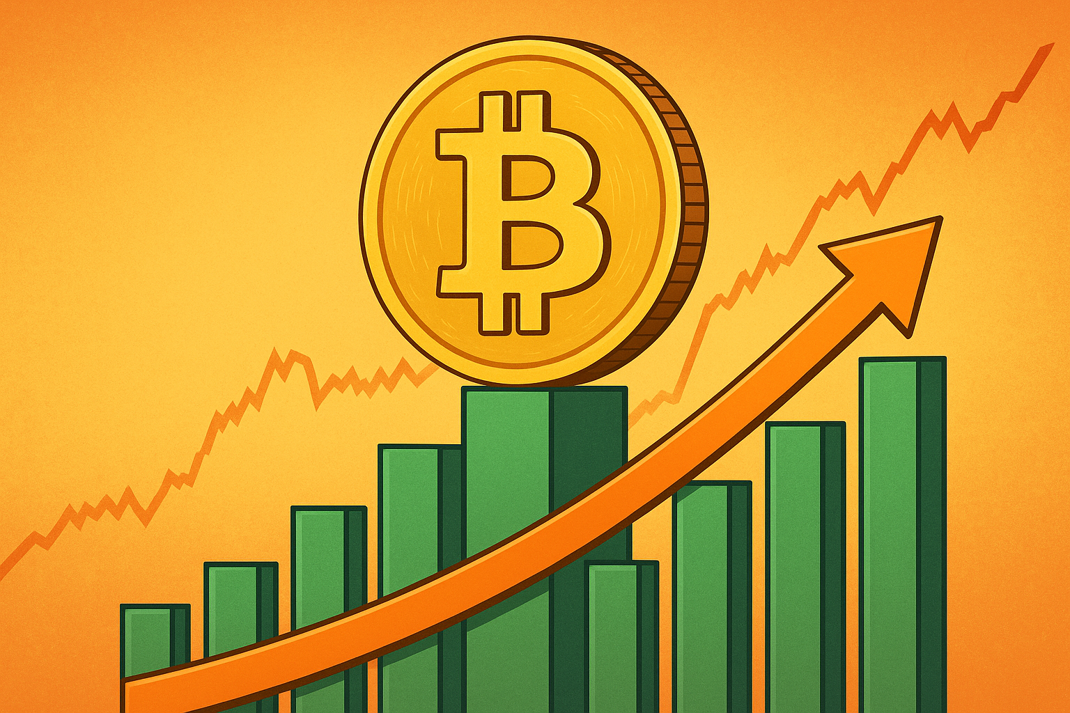 A large golden Bitcoin symbol rises above a green bar chart and upward orange arrow, representing a surge in Bitcoin’s price.
