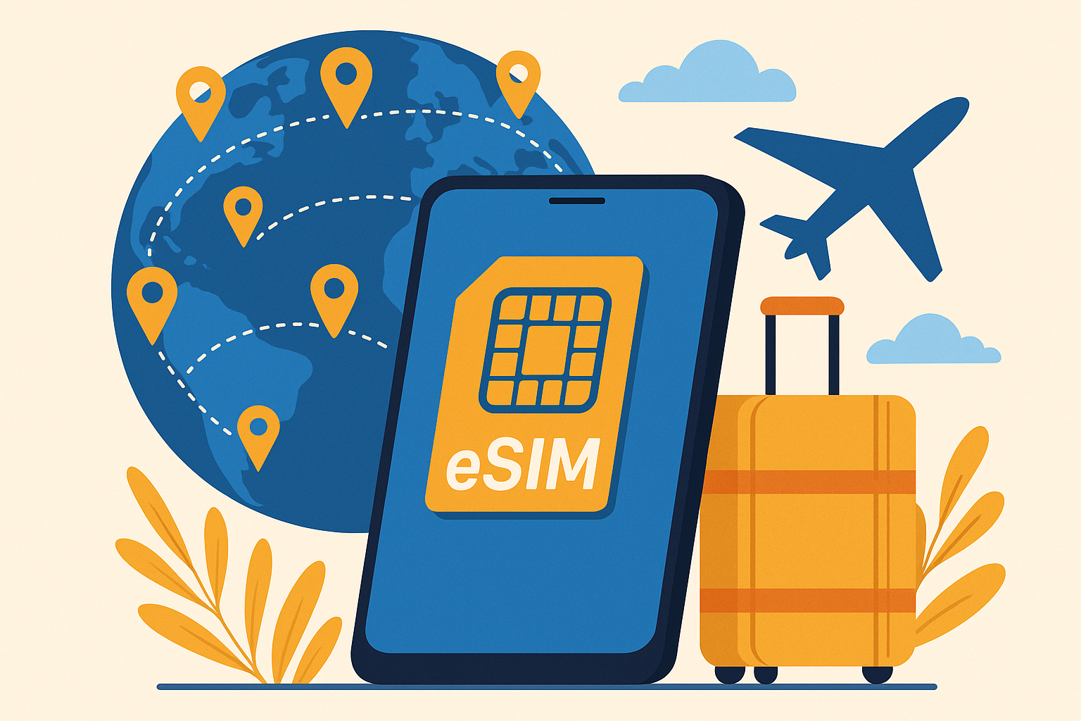 Illustration of a smartphone displaying an eSIM icon, with a globe, airplane, and suitcase in the background representing global travel and connectivity