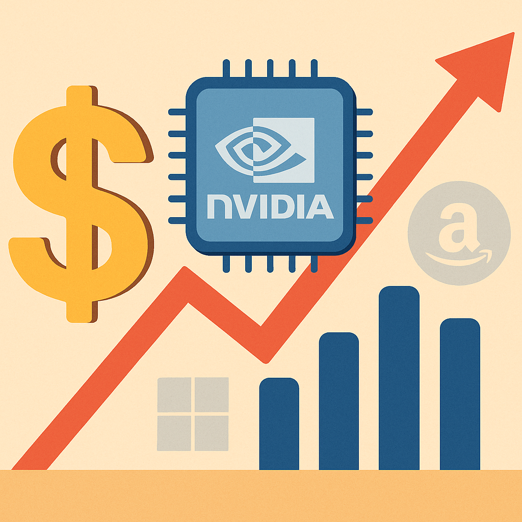 Illustrated image of a Nvidia chip, rising red arrow, dollar sign, and bar charts symbolizing rapid stock growth and tech sector gains