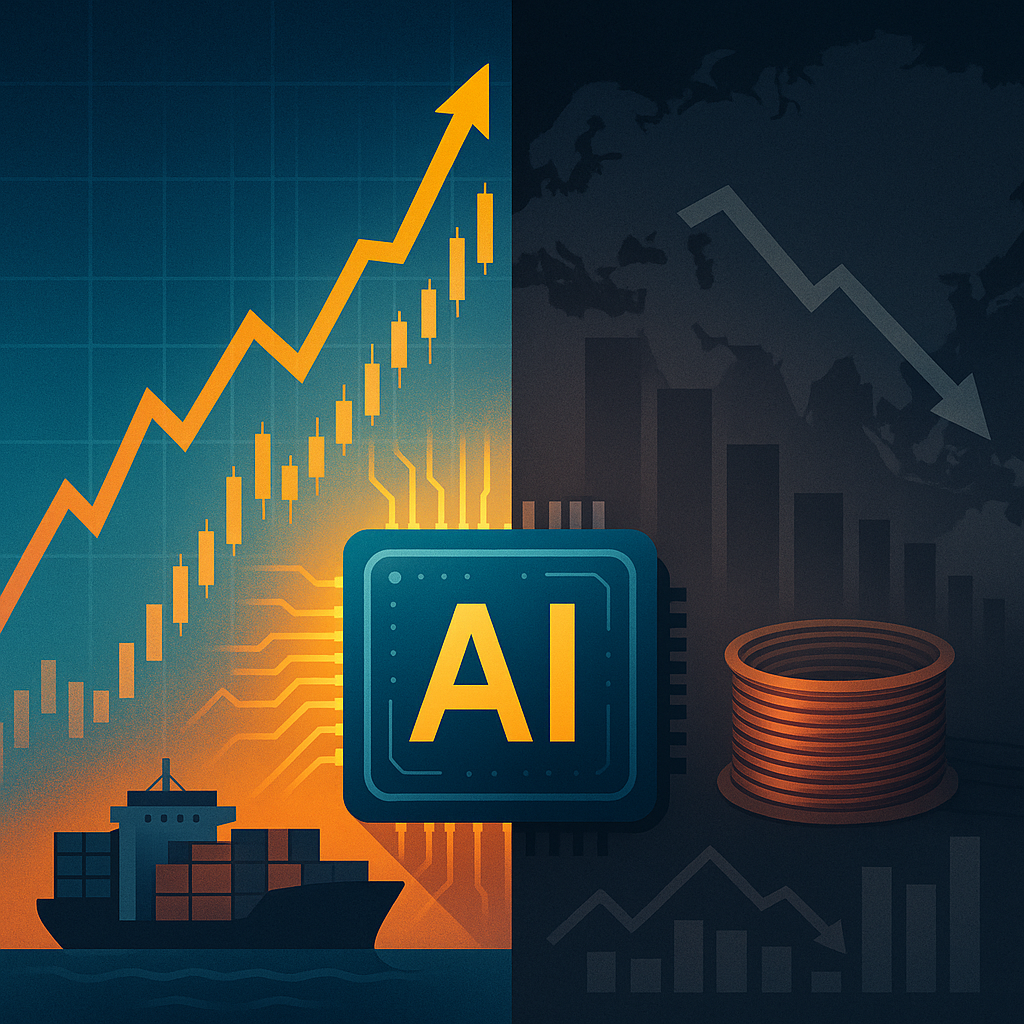 A digital illustration split into two halves—one side shows a glowing AI microchip, bullish stock charts, and a cargo ship; the other side shows falling economic graphs, a copper coil, and a dark world map—symbolizing the contrast between tech growth and geopolitical risks.