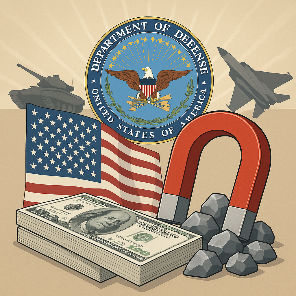 Illustration showing the U.S. Department of Defense seal, American flag, military tank and jet, a stack of dollar bills, and a large magnet pulling rare earth rocks.