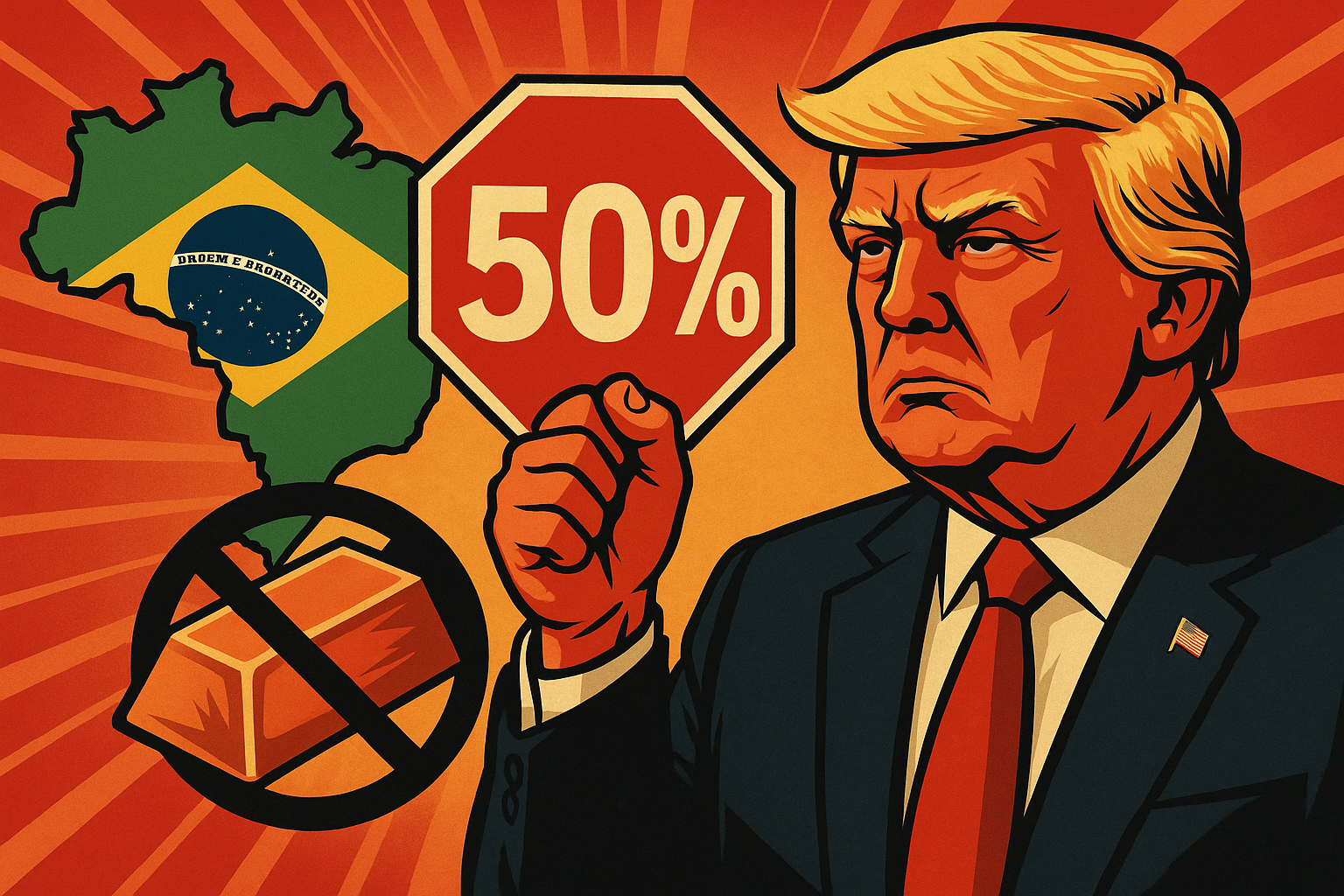 Illustration of Donald Trump holding a 50% tariff sign with Brazil’s map and a barred copper ingot in the background, symbolizing trade restrictions.