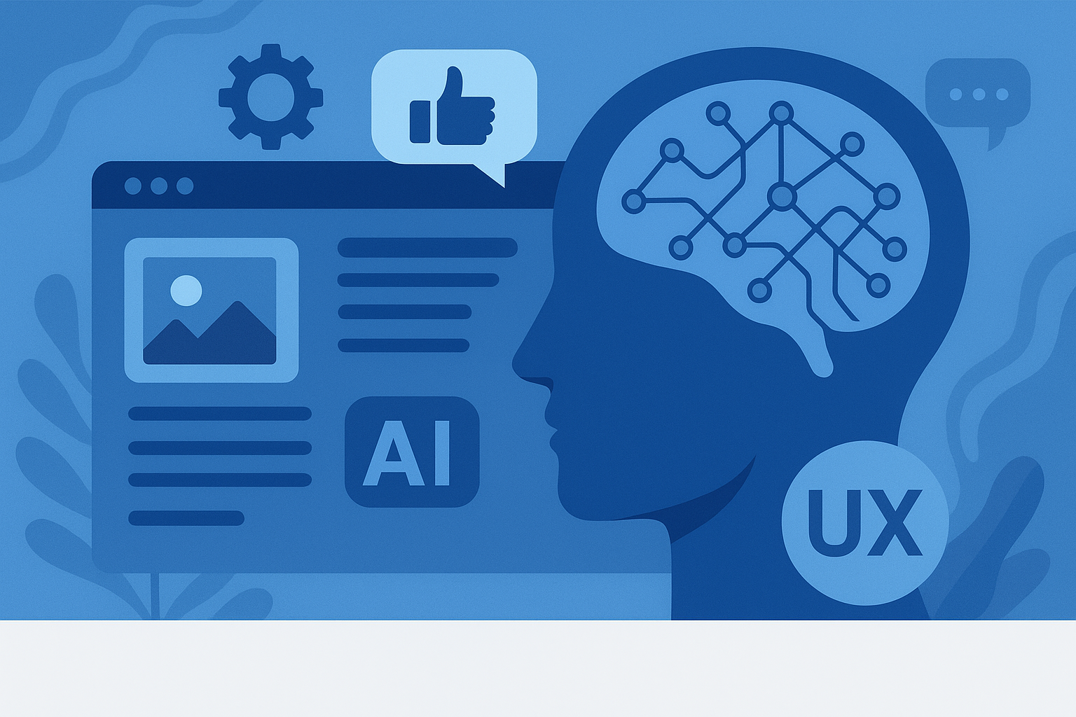 Illustration showing a human profile with a neural network in the brain, facing a digital interface with AI and UX elements