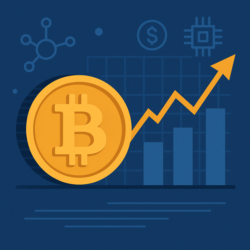 Illustration of a rising Bitcoin value represented by a large Bitcoin symbol, upward arrow, and bar chart