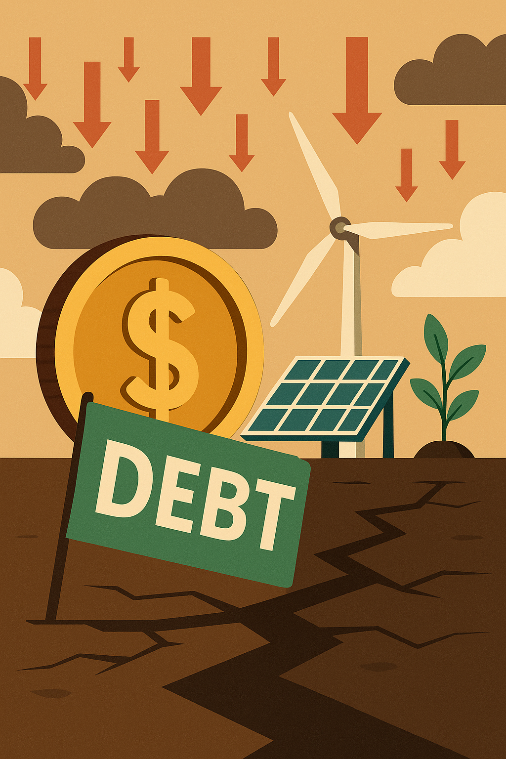 Illustration showing a large dollar coin leaning on a "DEBT" flag with solar panels, wind turbines, and a small plant growing from cracked ground, symbolizing financial pressure and resilience in the climate tech sector.