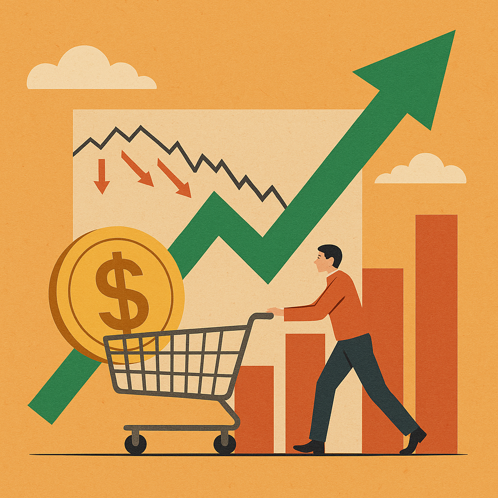 Illustration of a person pushing a shopping cart with a dollar coin inside, set against a backdrop of a green upward arrow, bar chart, and market graph, symbolizing retail investor influence on stock market growth.