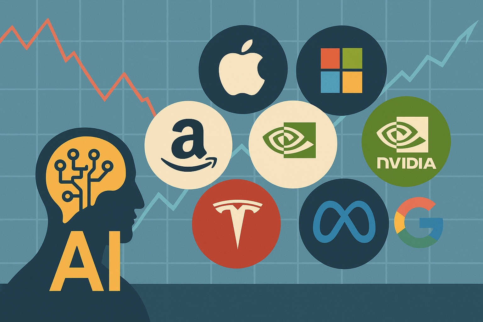 Illustration featuring AI and brain circuit icon next to the logos of Apple, Microsoft, Amazon, Nvidia, Tesla, Meta, and Google, with fluctuating red and blue stock lines in the background.