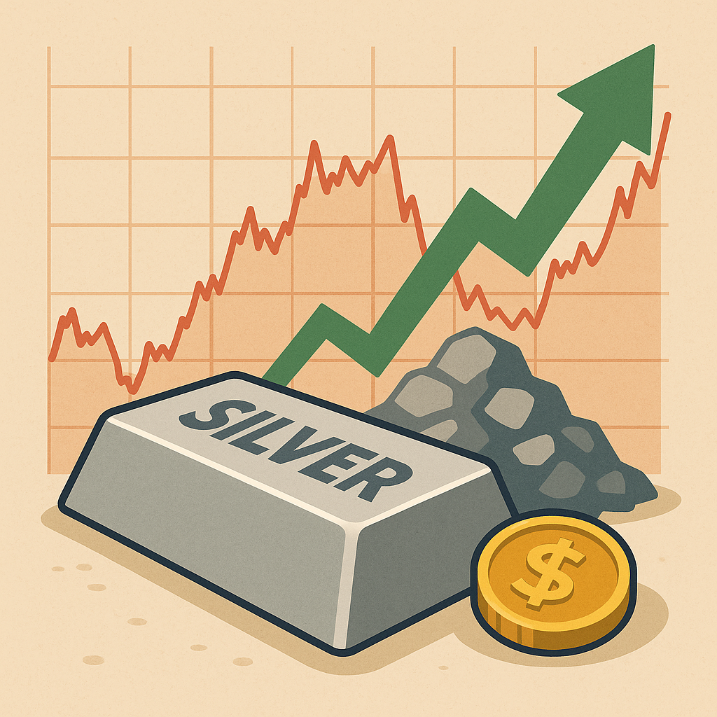 Illustration of a silver bar labeled "SILVER," a gold coin, rising green arrow, red price chart, and a pile of silver ore rocks symbolizing rising silver prices and mining growth.