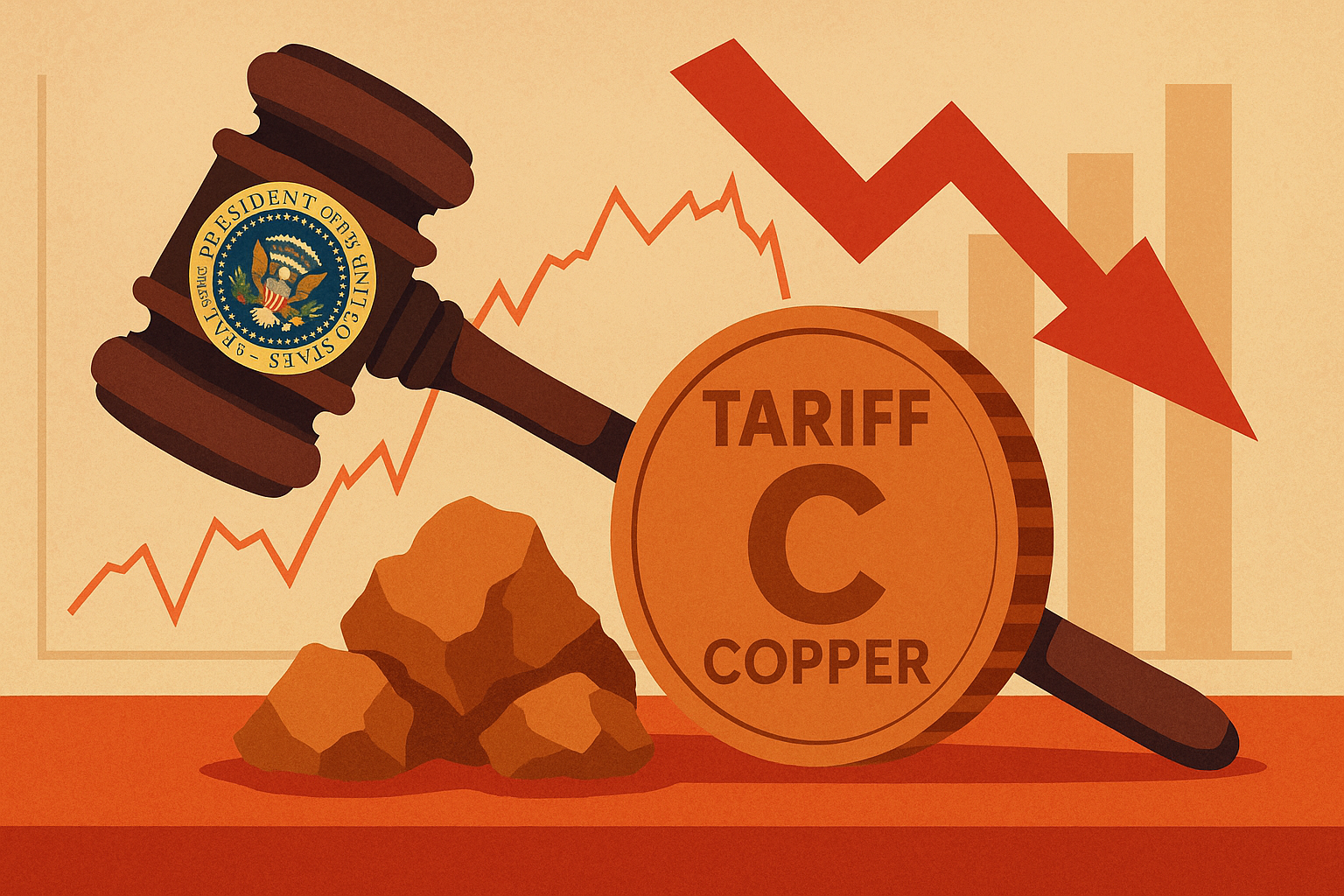 Illustration of a gavel with the U.S. presidential seal, copper rocks, a coin labeled “Tariff C Copper,” and a downward red arrow indicating market decline.