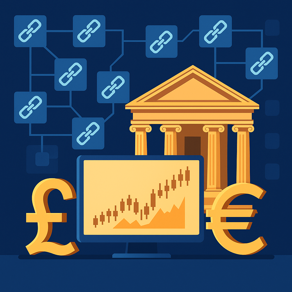 Illustration of a classical bank building with blockchain nodes, currency symbols, and a computer displaying forex charts.