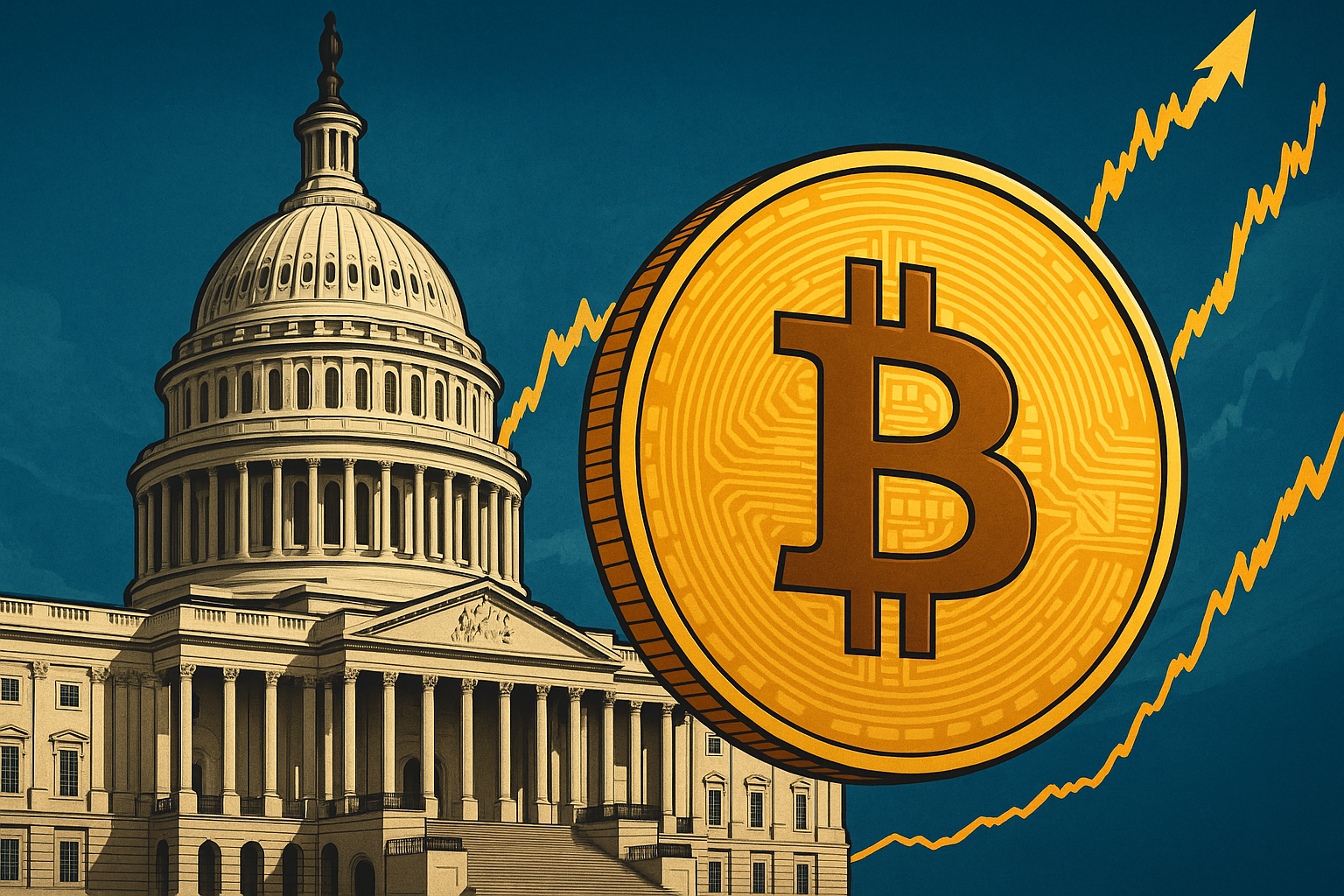 A large golden Bitcoin symbol in front of the U.S. Capitol building with financial chart lines rising in the background.