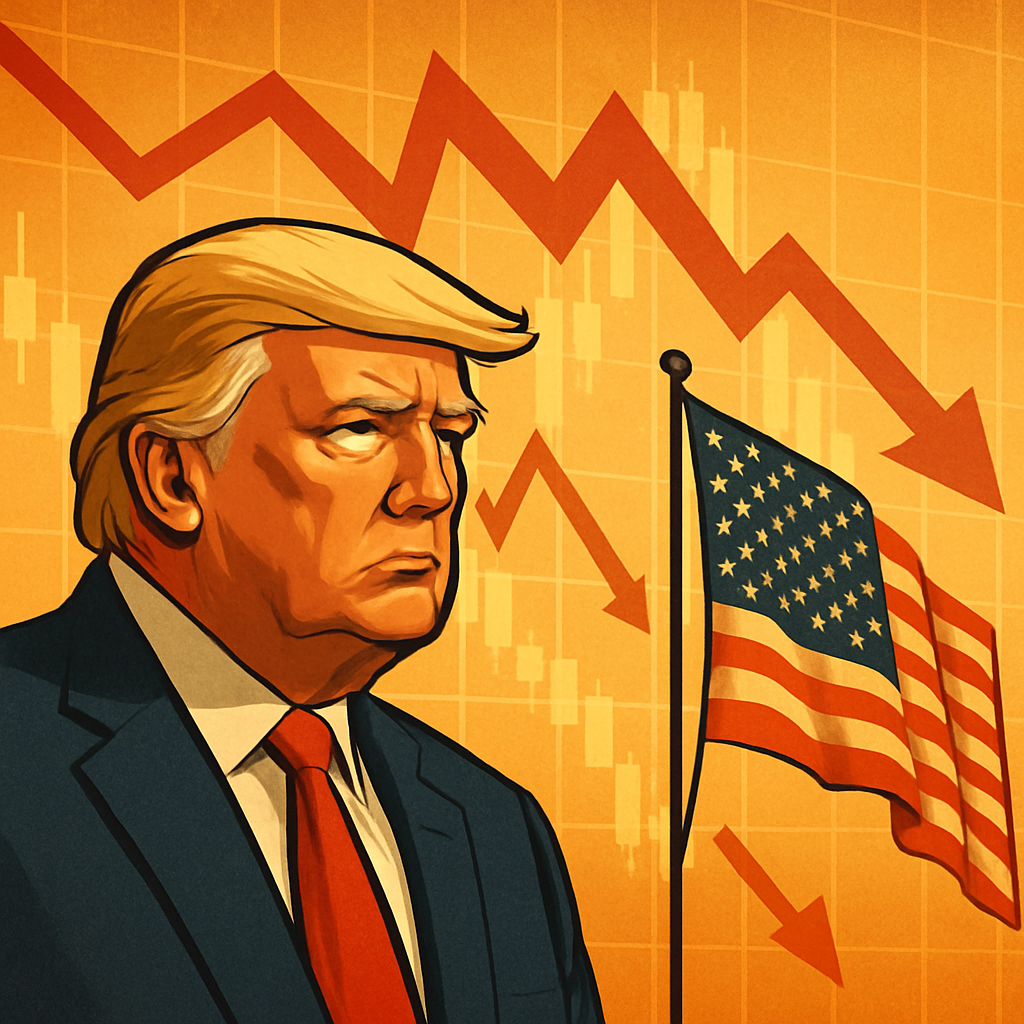 Donald Trump stands in front of a U.S. flag with red downward stock market arrows in the background.
