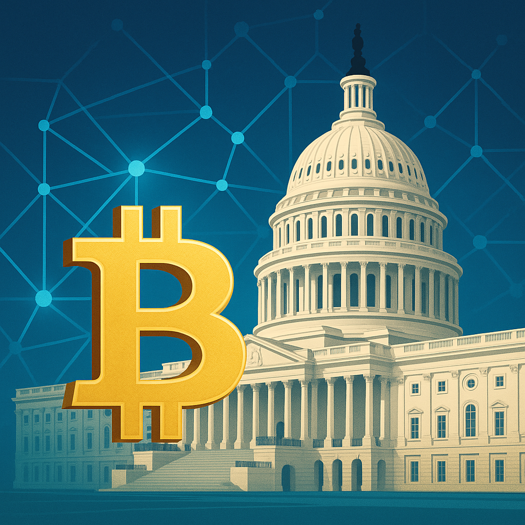A large golden Bitcoin symbol in front of the U.S. Capitol building with a digital network pattern in the background.