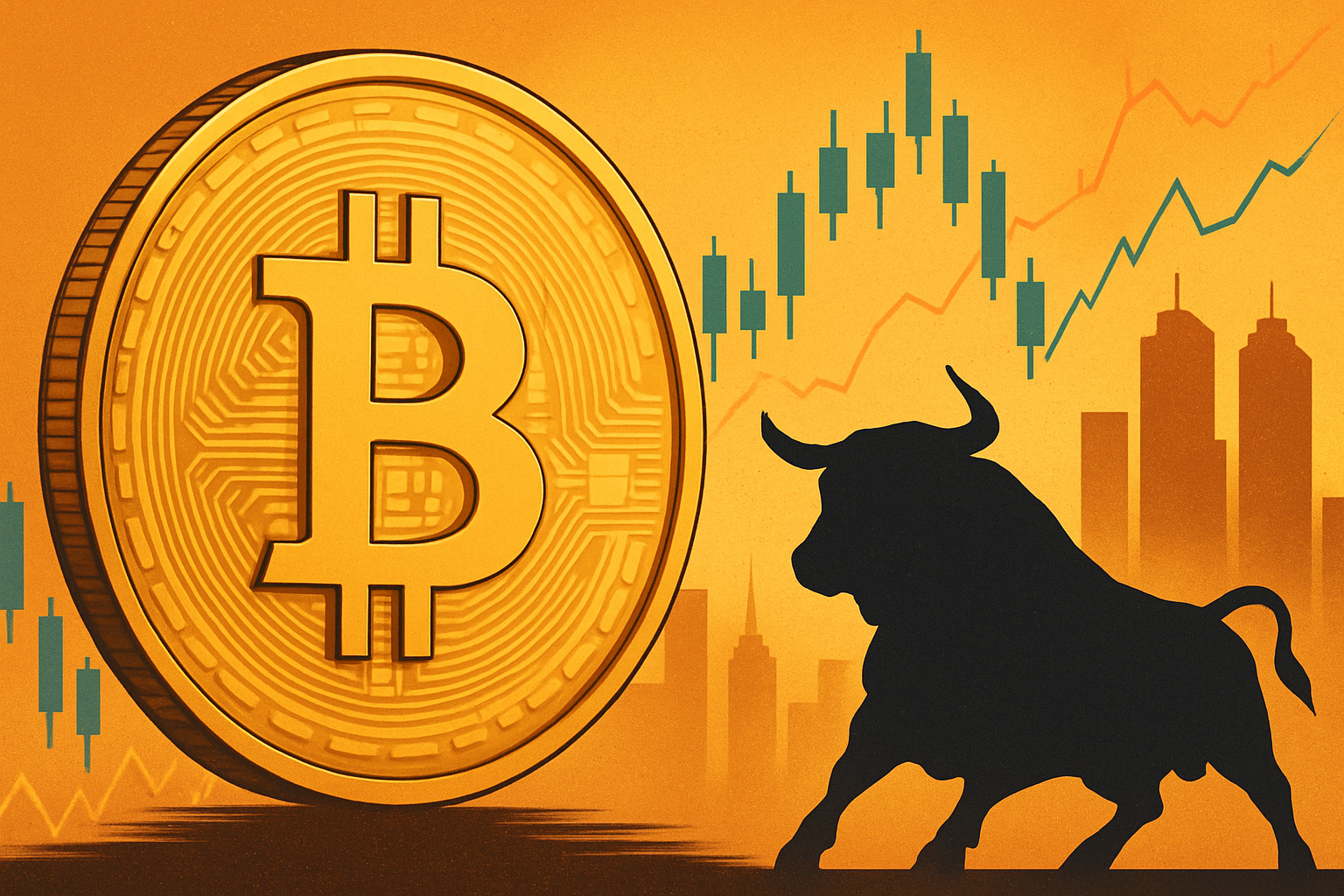 Illustration of a large Bitcoin symbol beside a bullish silhouette and rising financial charts against a city skyline