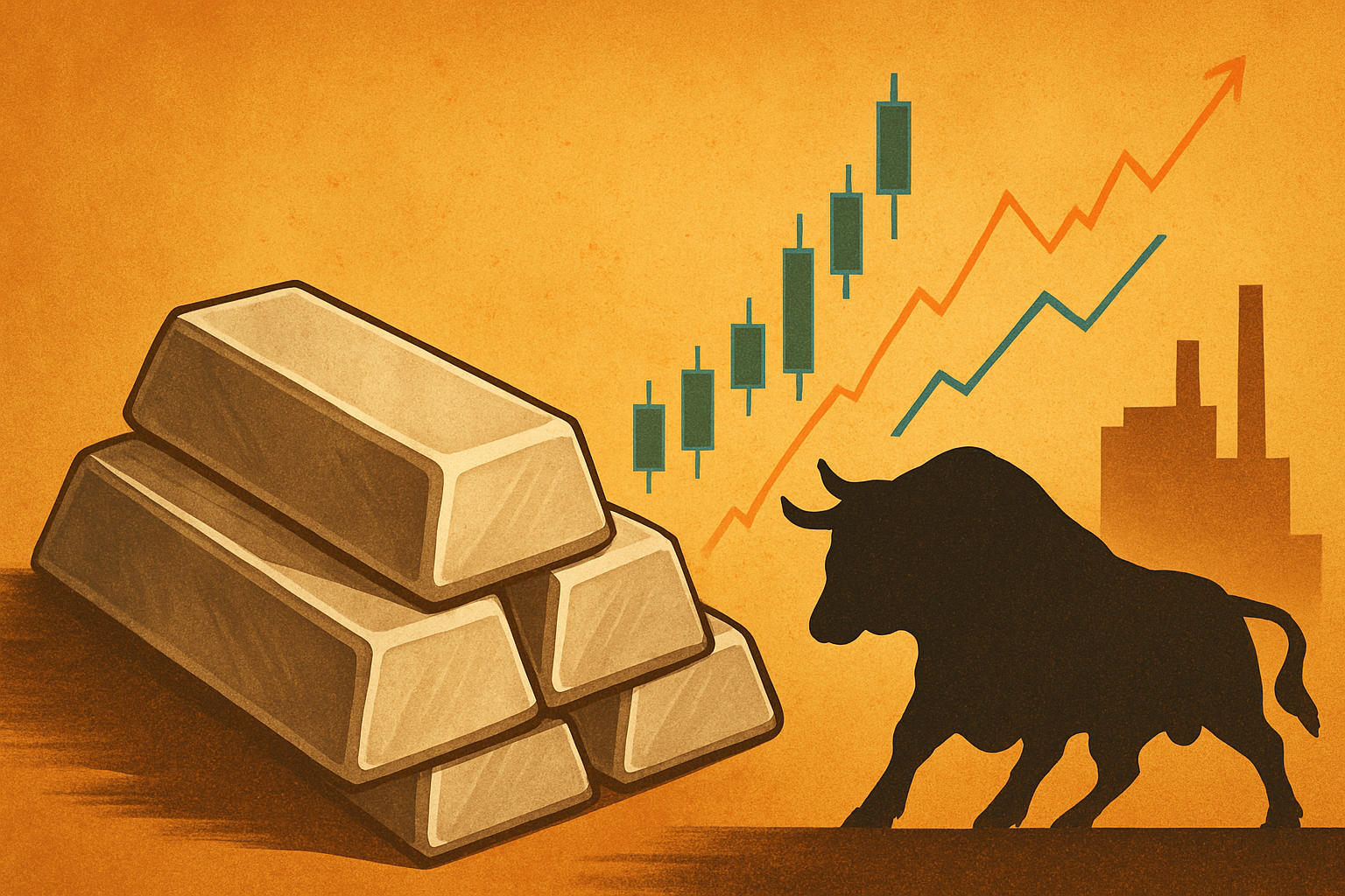 Illustration of stacked silver bars, a bullish silhouette, rising financial charts, and an industrial factory background