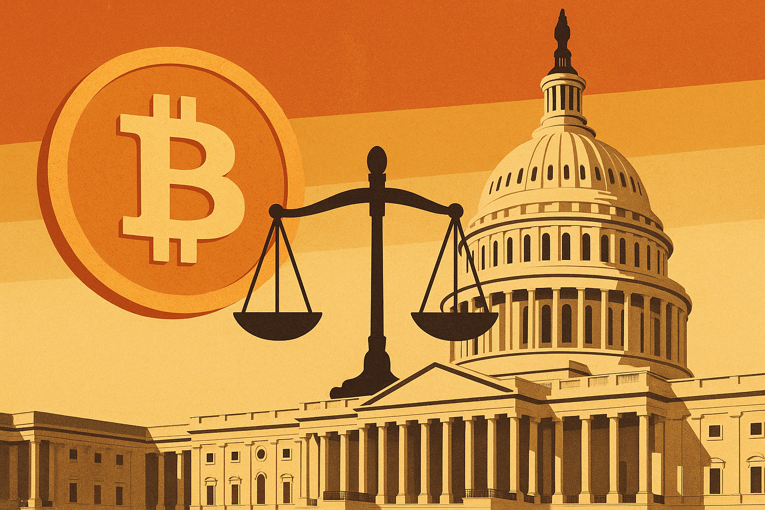 Illustration of a Bitcoin symbol, U.S. Capitol building, and Scales of Justice symbolizing the legal debate over cryptocurrency regulation