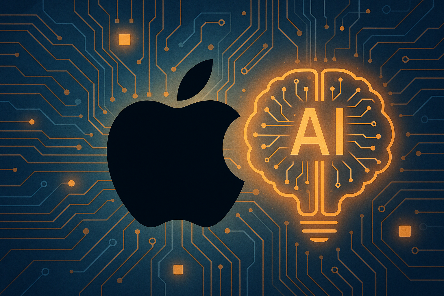 Illustration of the Apple logo next to a glowing AI brain symbol, set against a circuit board background.