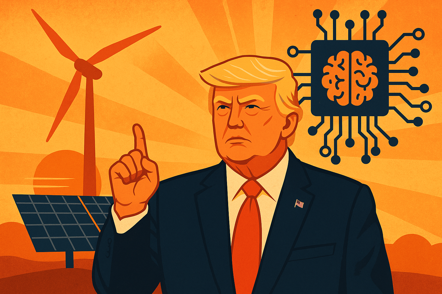 Illustration of Donald Trump with wind turbines, solar panels, and an AI chip symbol in the background