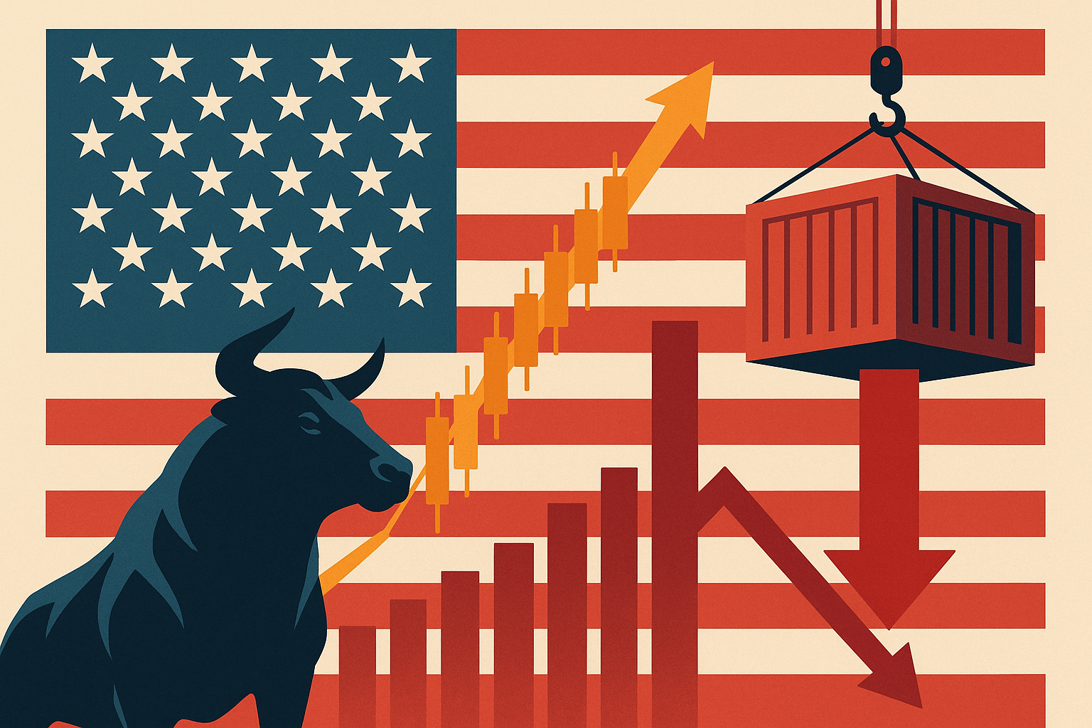 Illustration of a bullish U.S. stock market with an American flag backdrop, rising candlestick charts, and a suspended cargo container symbolizing trade risks